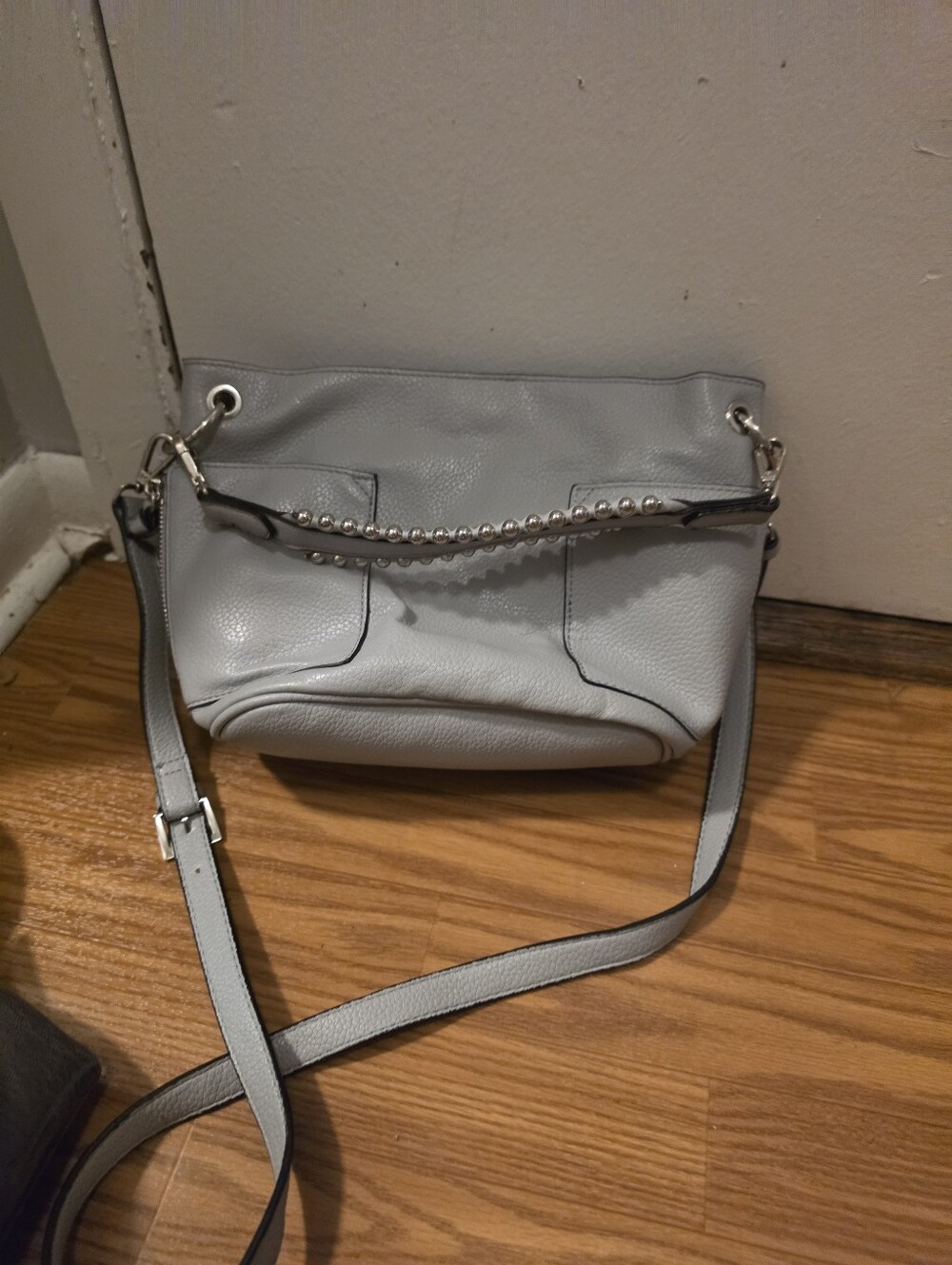 Steve Madden Light Gray Leather Shoulder Bag with Beaded Handle